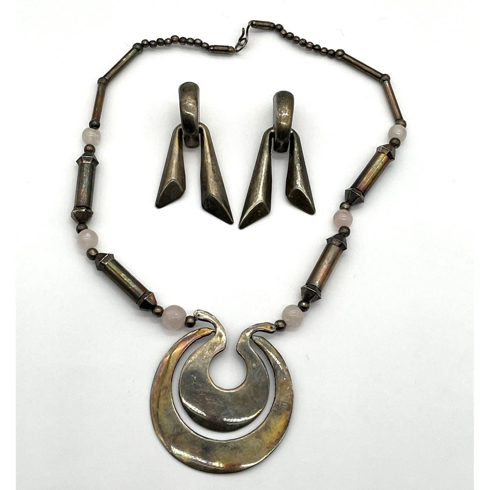 Vintage Brutalist Style Necklace‎ & Clip Earrings Silver Tone 80s